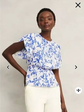 Hobbs White & Blue Floral Puff-Sleeve Blouse